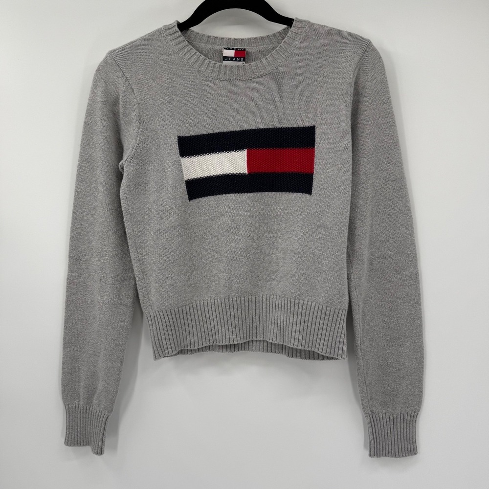 Tommy Hilfiger Denim Sweater Womens Medium Gray Logo Cotton Long Sleeve